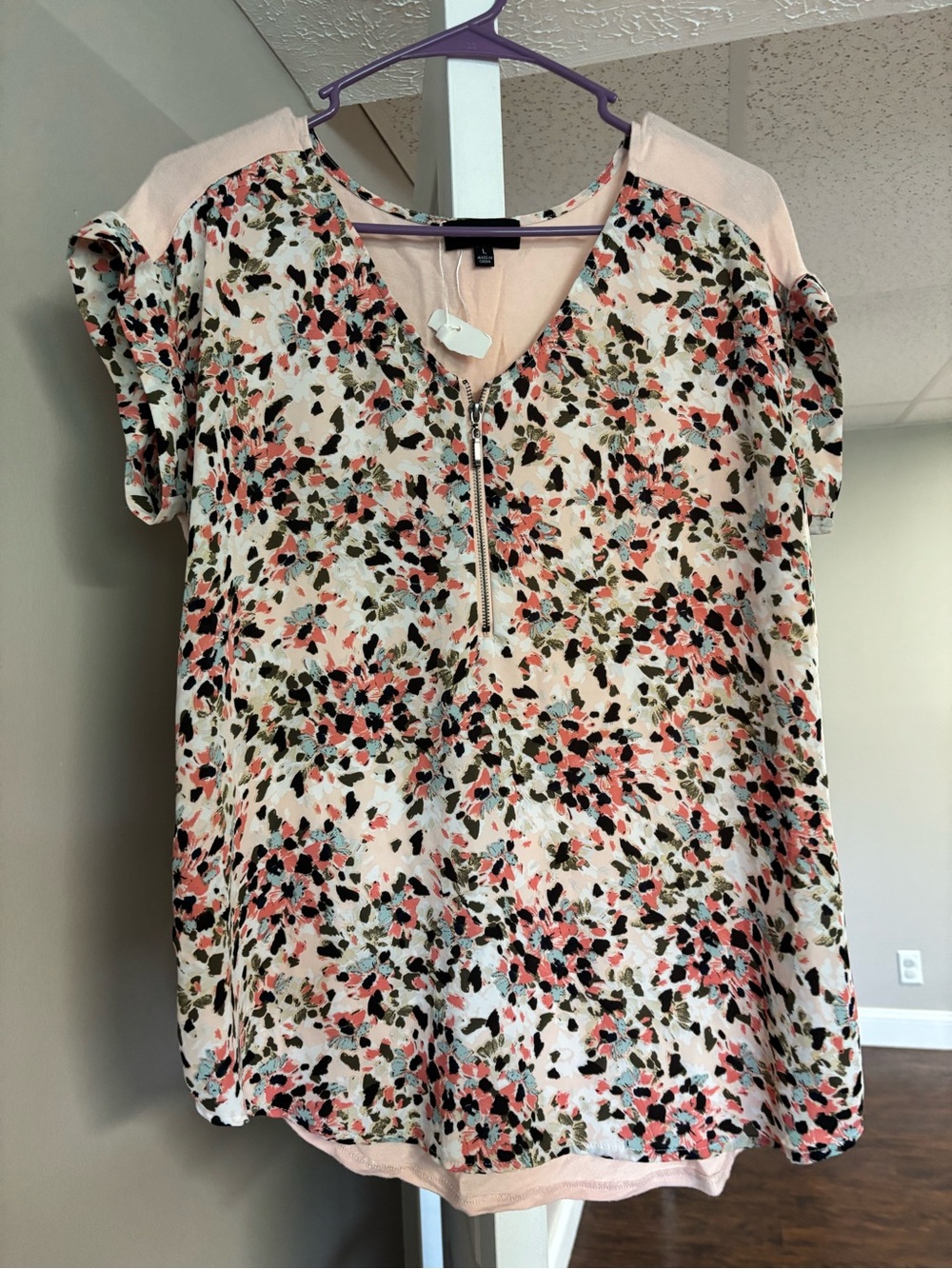 My Michelle Pink Multi Floral Zip-Front Short Sleeve Top